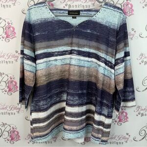 G collection shirt rhinestone crystal Blue and Brown Striped Women's Blouse